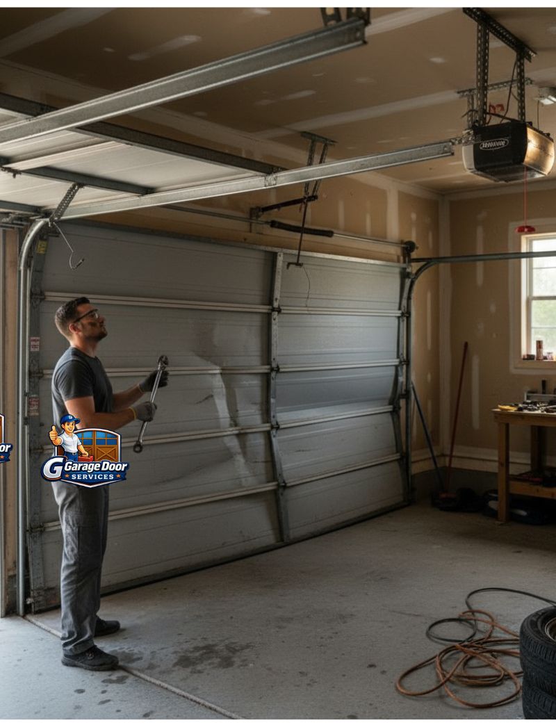Damaged garage door before repair